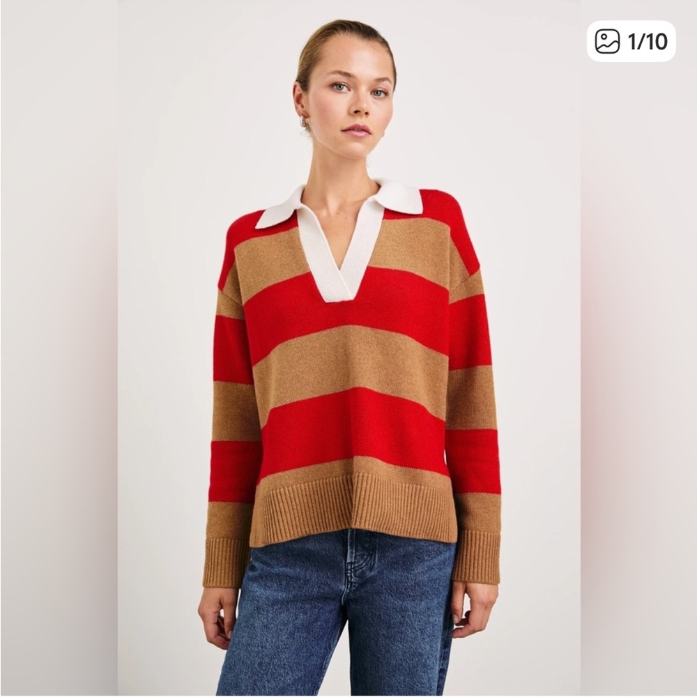 Rails Harris Stripe Cashmere Polo Sweater in Cherry Camel